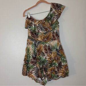 Francesca’s (Mi Ami) Brown/Green Tropical Leaf One Shoulder Ruffle Tier Romper M
